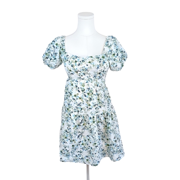 Jessica Simpson White Floral Tie-Back Mini Dress XS Puff Sleeves Empire Waist - Picture 1 of 8